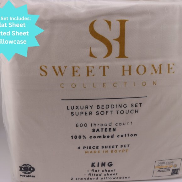 4 PC KING Sweet Home Collection 600 Thread Count Sateen Sheet Set - Ivory - Picture 2 of 4